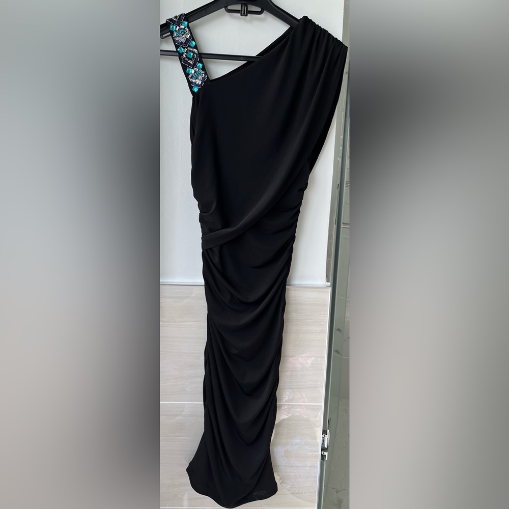 Marciano Knee Length Black One Shoulder Embellished Strap Bodycon Dress